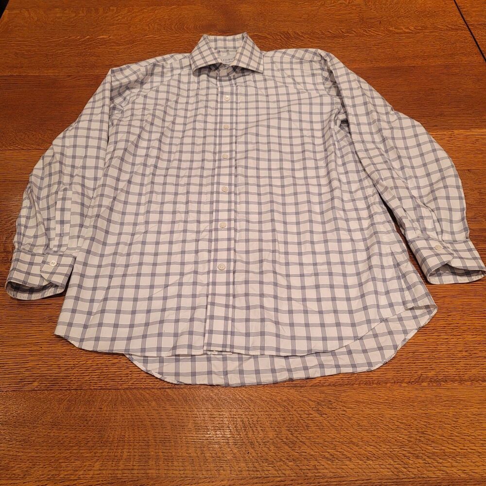 Ledbury Mens Dress Shirt 16 White Blue Grid Mother Of Pearl Buttons